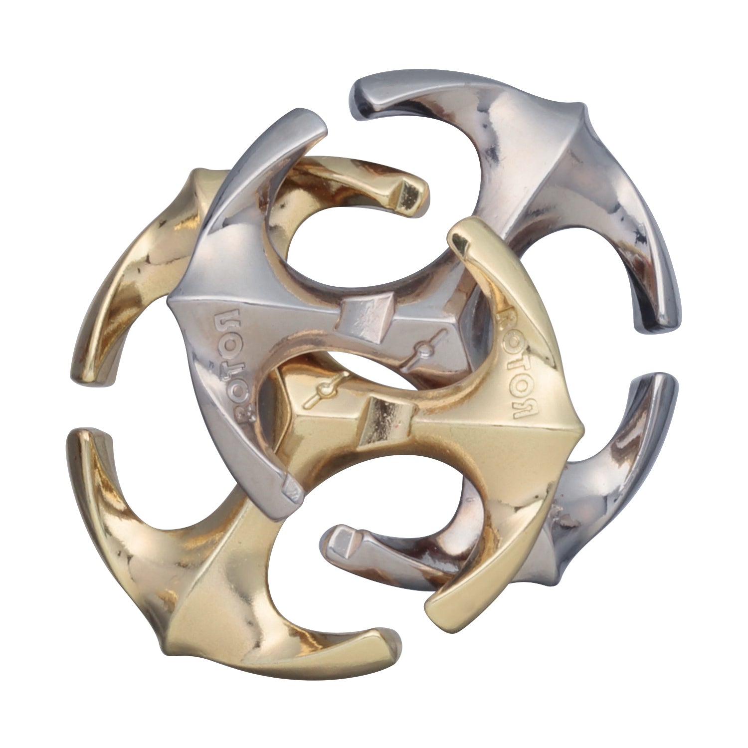 Hanayama Cast Puzzle Rotor, interlocking gold and silver metal pieces arranged in a circular puzzle configuration