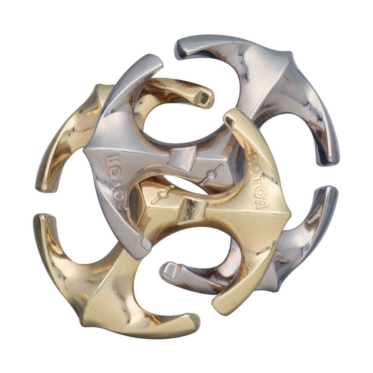 Hanayama Cast Puzzle Rotor, interlocking gold and silver metal pieces arranged in a circular puzzle configuration
