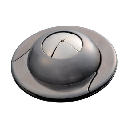 Hanayama Level 4 Cast Puzzle UFO, silver metallic spherical brainteaser with segmented design on plain background