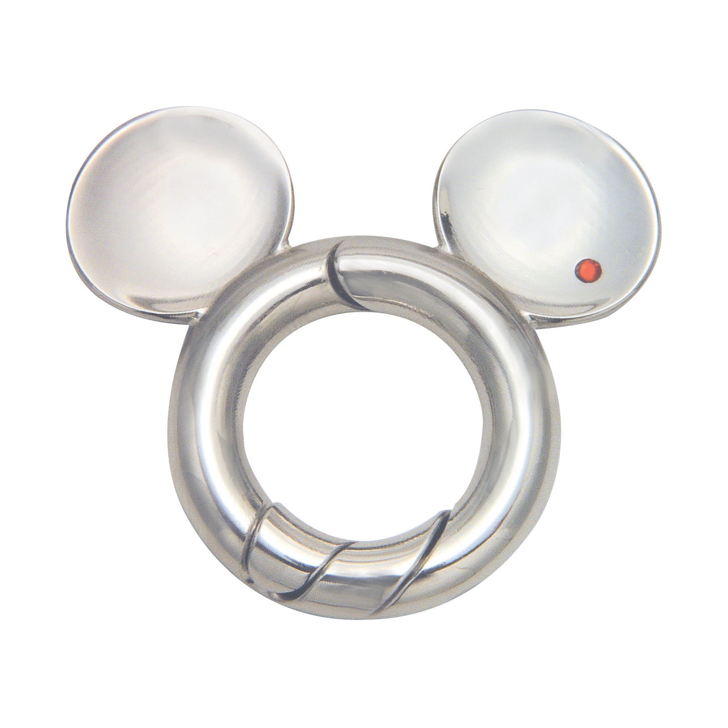 Silver metal ring puzzle shaped like Mickey Mouse ears with spherical domes on top and a small red detail