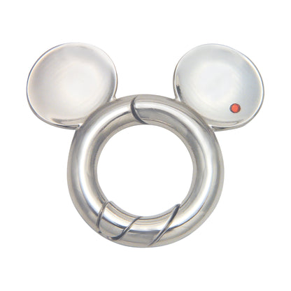 Silver metal ring puzzle shaped like Mickey Mouse ears with spherical domes on top and a small red detail