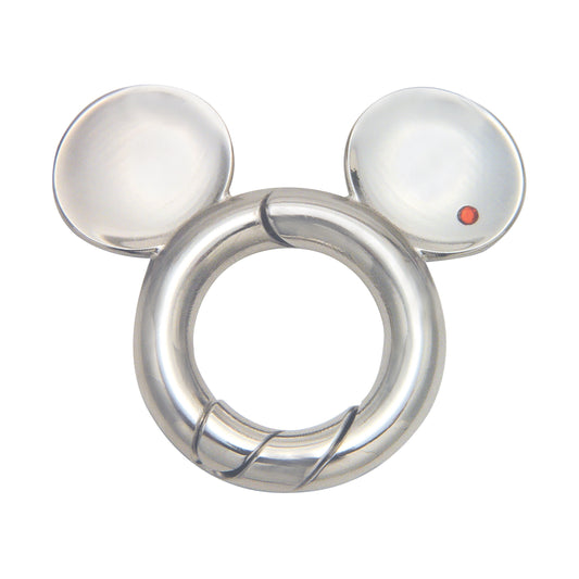 Silver metal ring puzzle shaped like Mickey Mouse ears with spherical domes on top and a small red detail