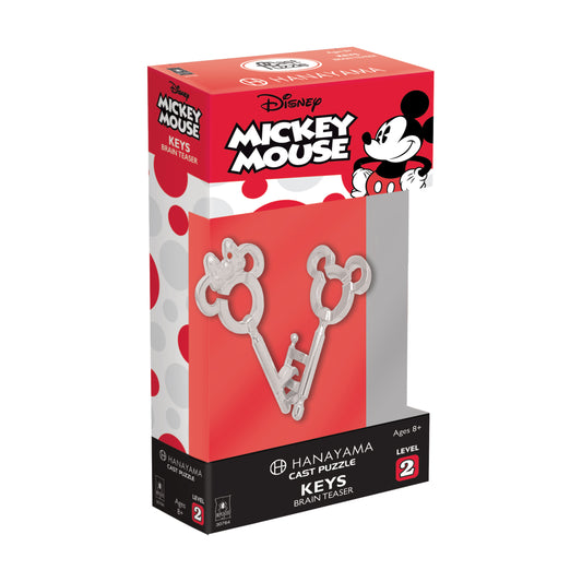 Disney Mickey Mouse Keys Cast Puzzle by Hanayama Level 2, silver metal puzzle piece shaped like a key on red packaging with Mickey Mouse illustration