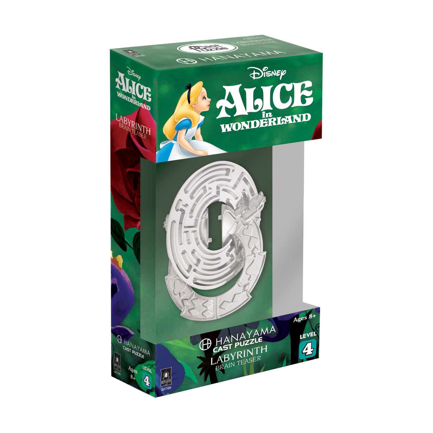 Disney Alice in Wonderland Labyrinth Cast Puzzle by Hanayama Level 4, ages 8+, displayed in green packaging with silver metal maze puzzle piece visible