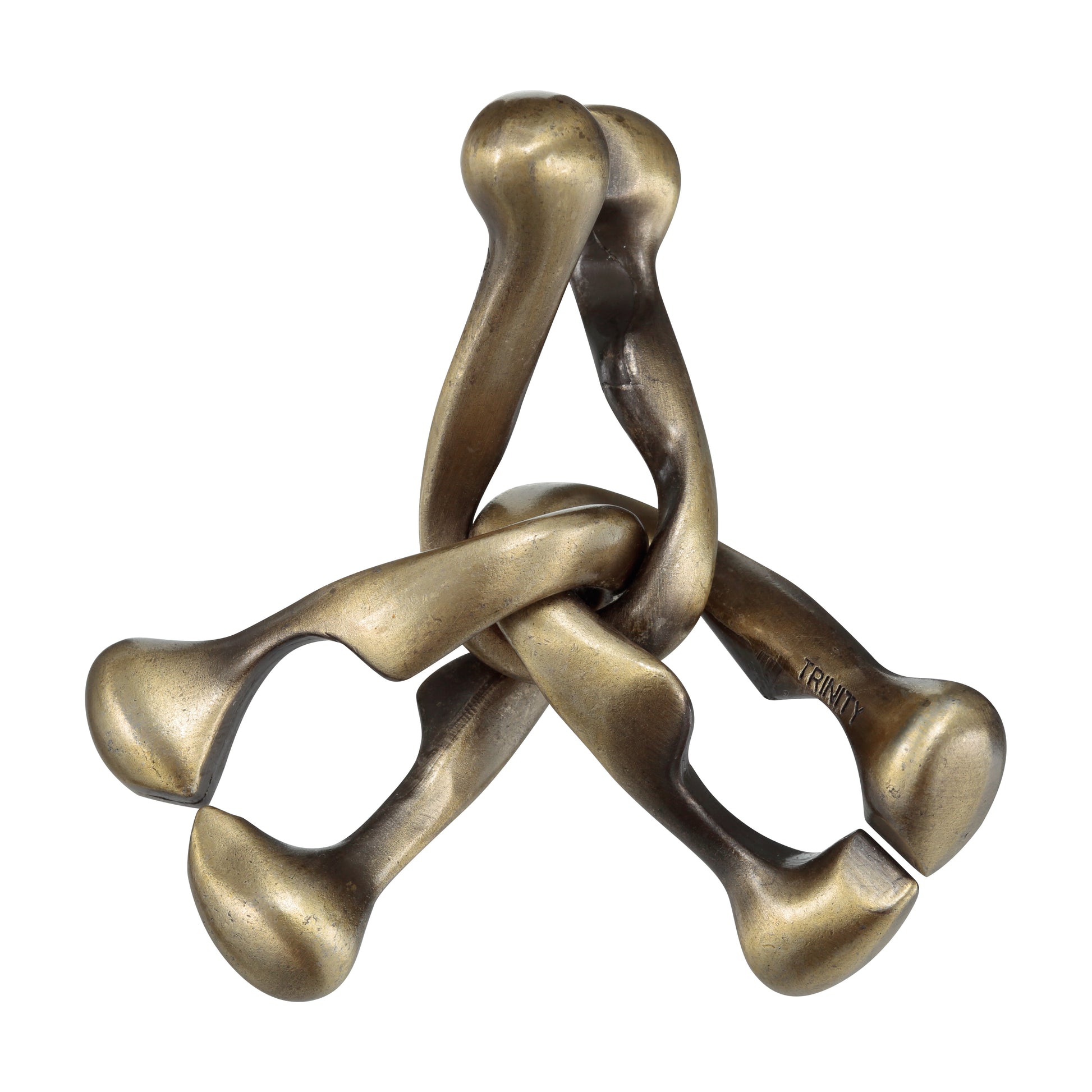 Hanayama Level 6 Cast Puzzle - Trinity, interlocking bronze-toned metal pieces arranged in triangular formation on plain background