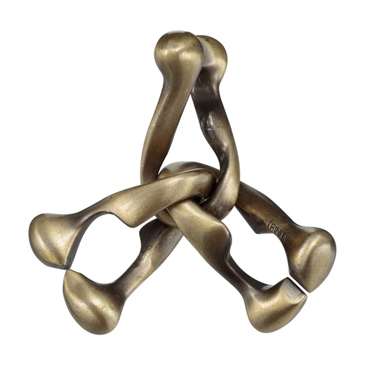 Hanayama Level 6 Cast Puzzle - Trinity, interlocking bronze-toned metal pieces arranged in triangular formation on plain background