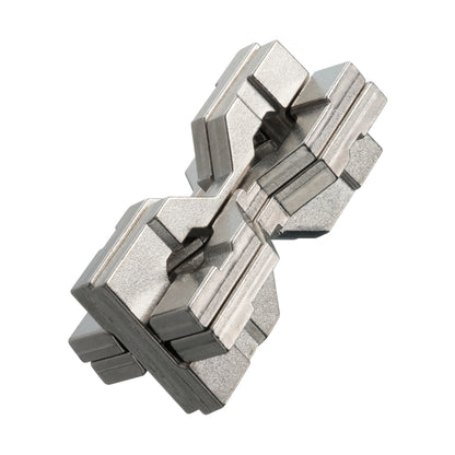 Hanayama Level 6 Cast Puzzle - The Ingenious Hourglass Challenge, metal interlocking pieces on plain background