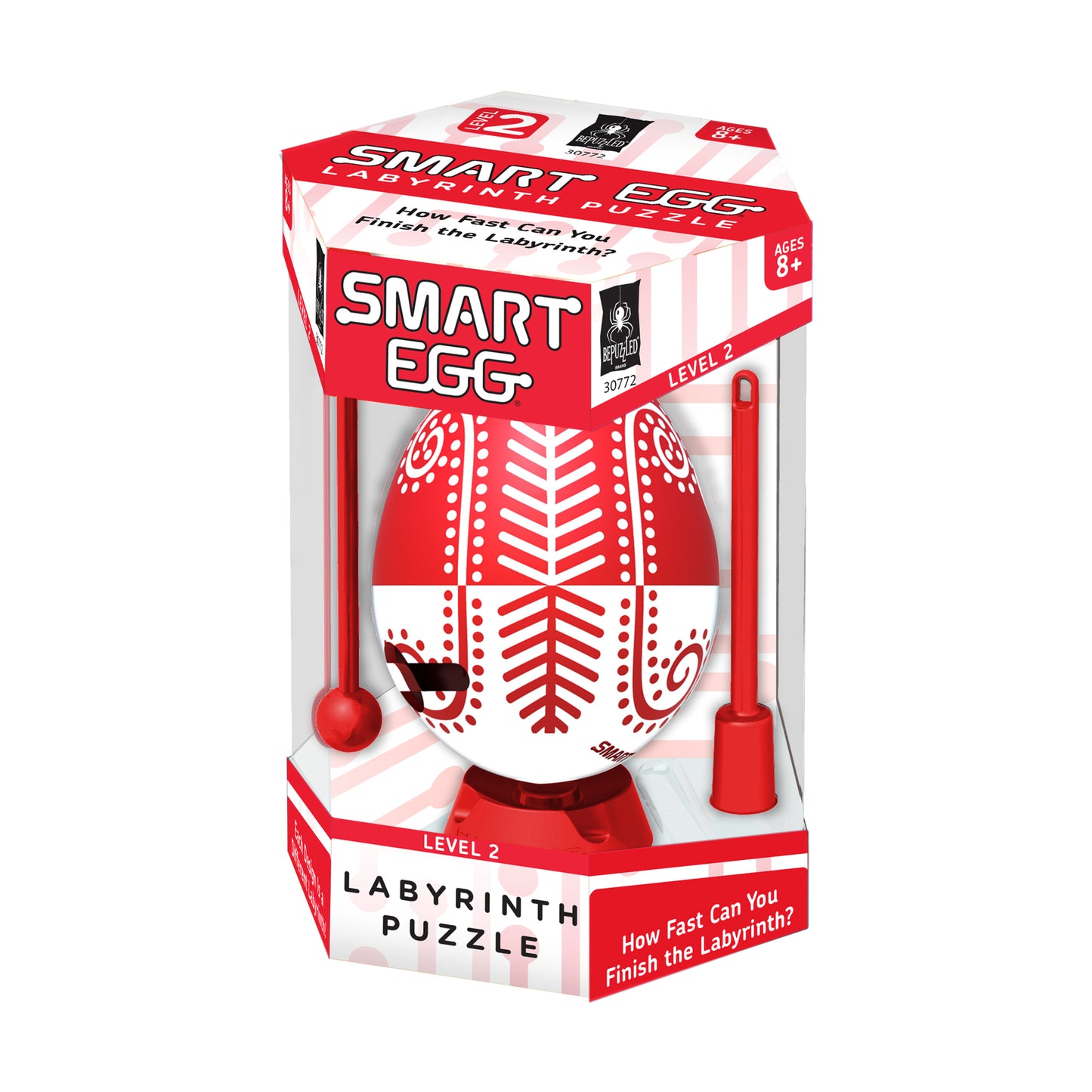 Smart Egg Labyrinth Puzzle Level 2 in red and white, egg-shaped maze game with ball and wand in packaging