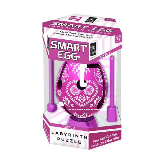 Smart Egg Labyrinth Puzzle Level 2 in purple with white decorative patterns, shown in packaging for ages 8+