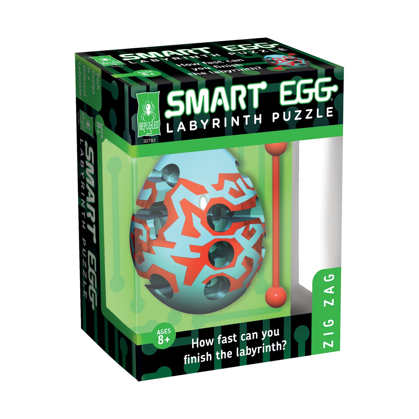 Smart Egg Labyrinth Puzzle packaging showing turquoise egg with red geometric pattern and ball-rolling game tool, ages 8+