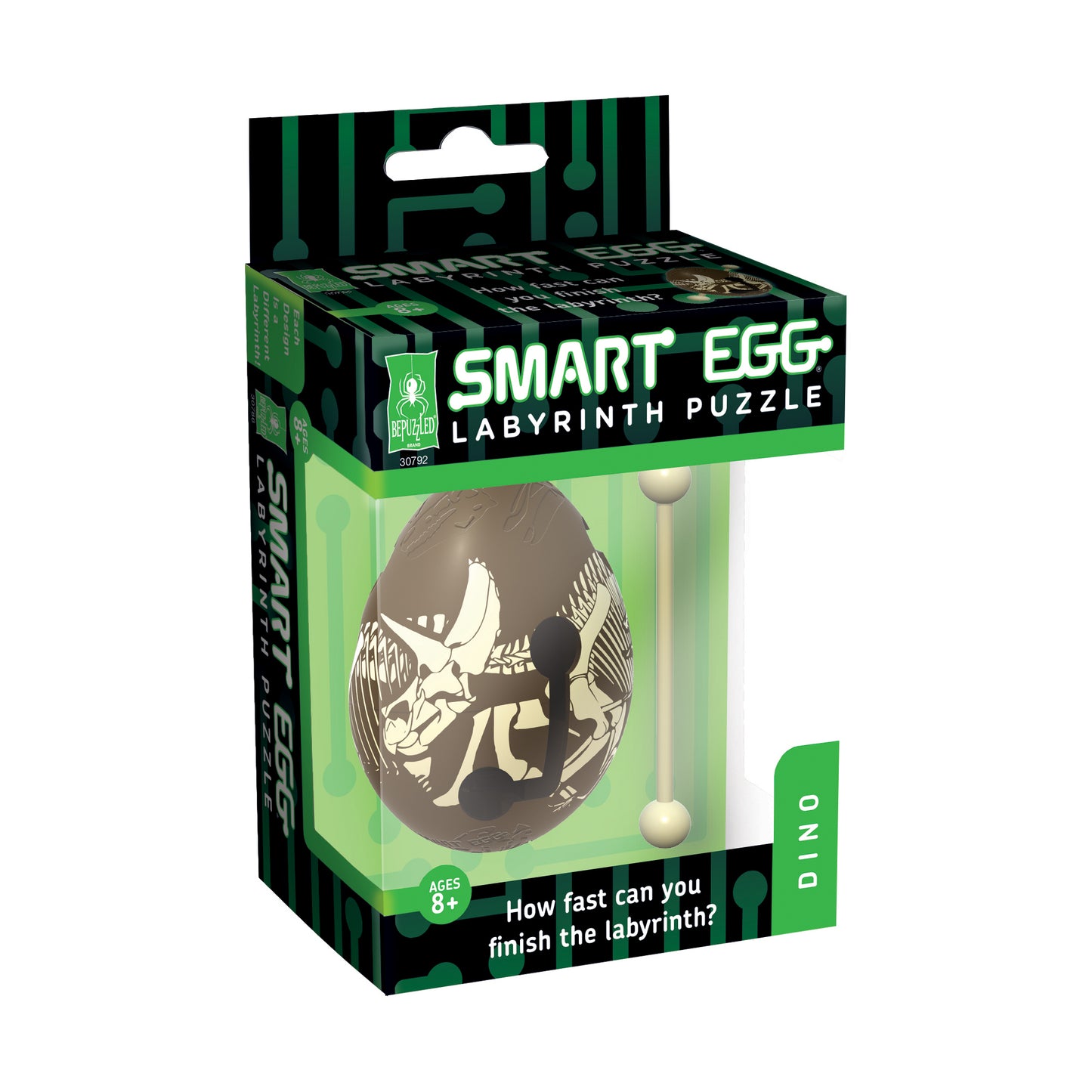 Smart Egg Dino Labyrinth Puzzle package with tan egg-shaped maze containing silhouette of child and dinosaur, ages 8+