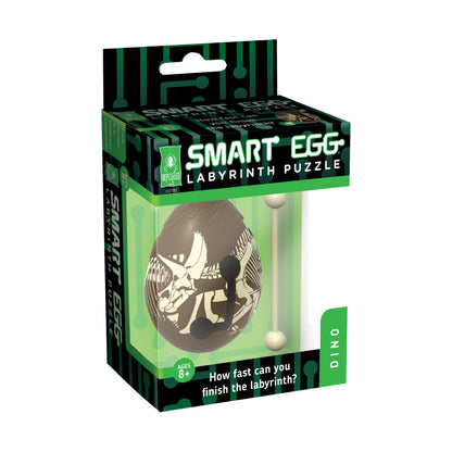 Smart Egg Dino Labyrinth Puzzle package with tan egg-shaped maze containing silhouette of child and dinosaur, ages 8+
