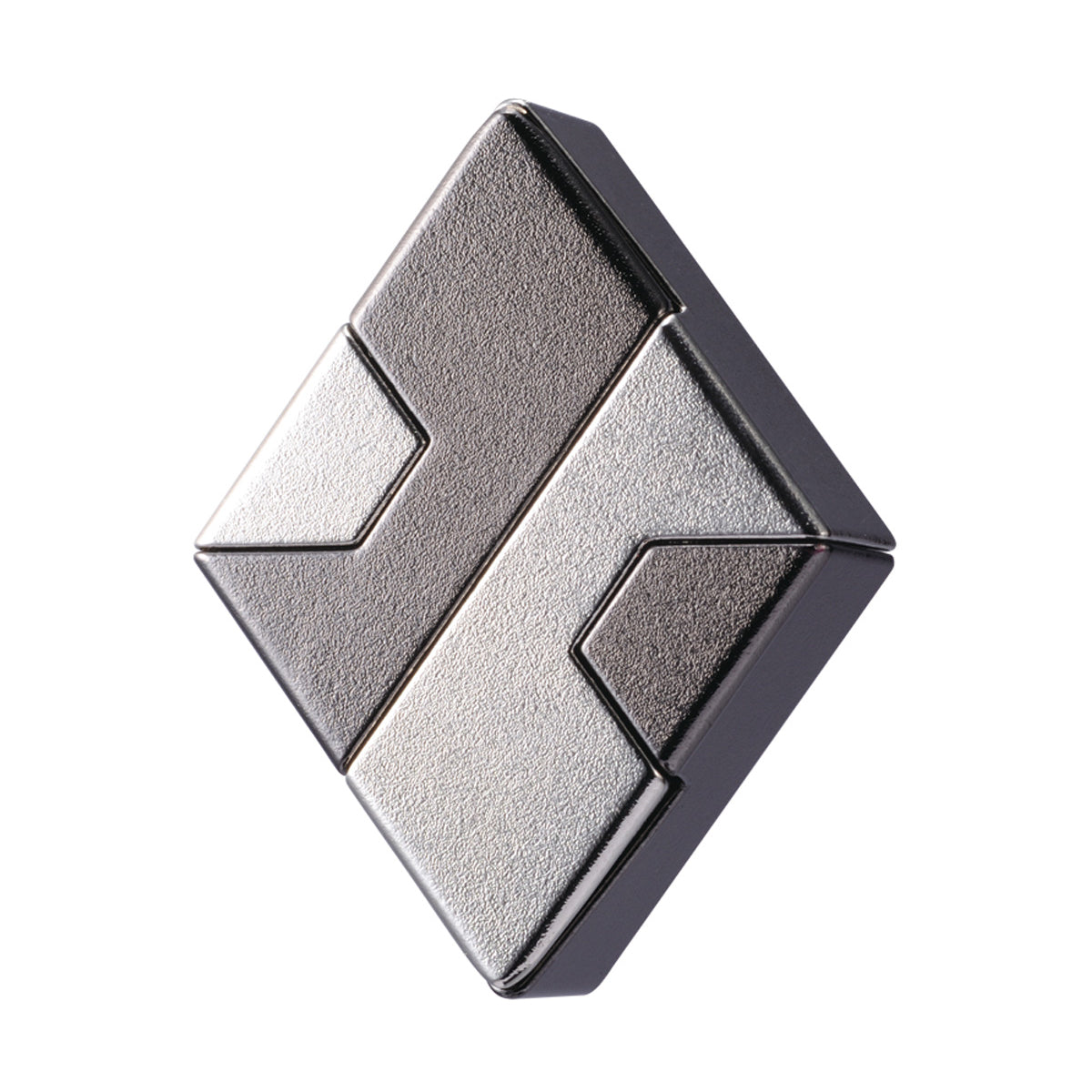 Hanayama Level 1 Cast Puzzle - Diamond, silver and black metal interlocking puzzle cube on plain background
