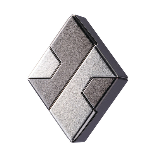 Hanayama Level 1 Cast Puzzle - Diamond, silver and black metal interlocking puzzle cube on plain background