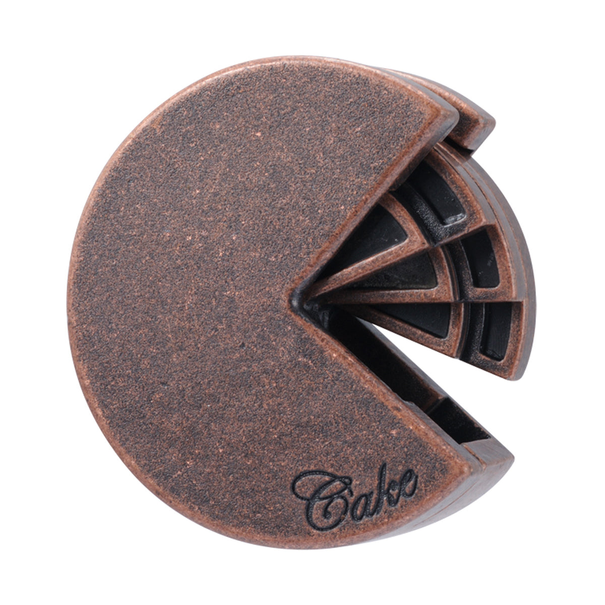 Copper-colored metal puzzle shaped like a slice of cake with interlocking segments, branded Hanayama