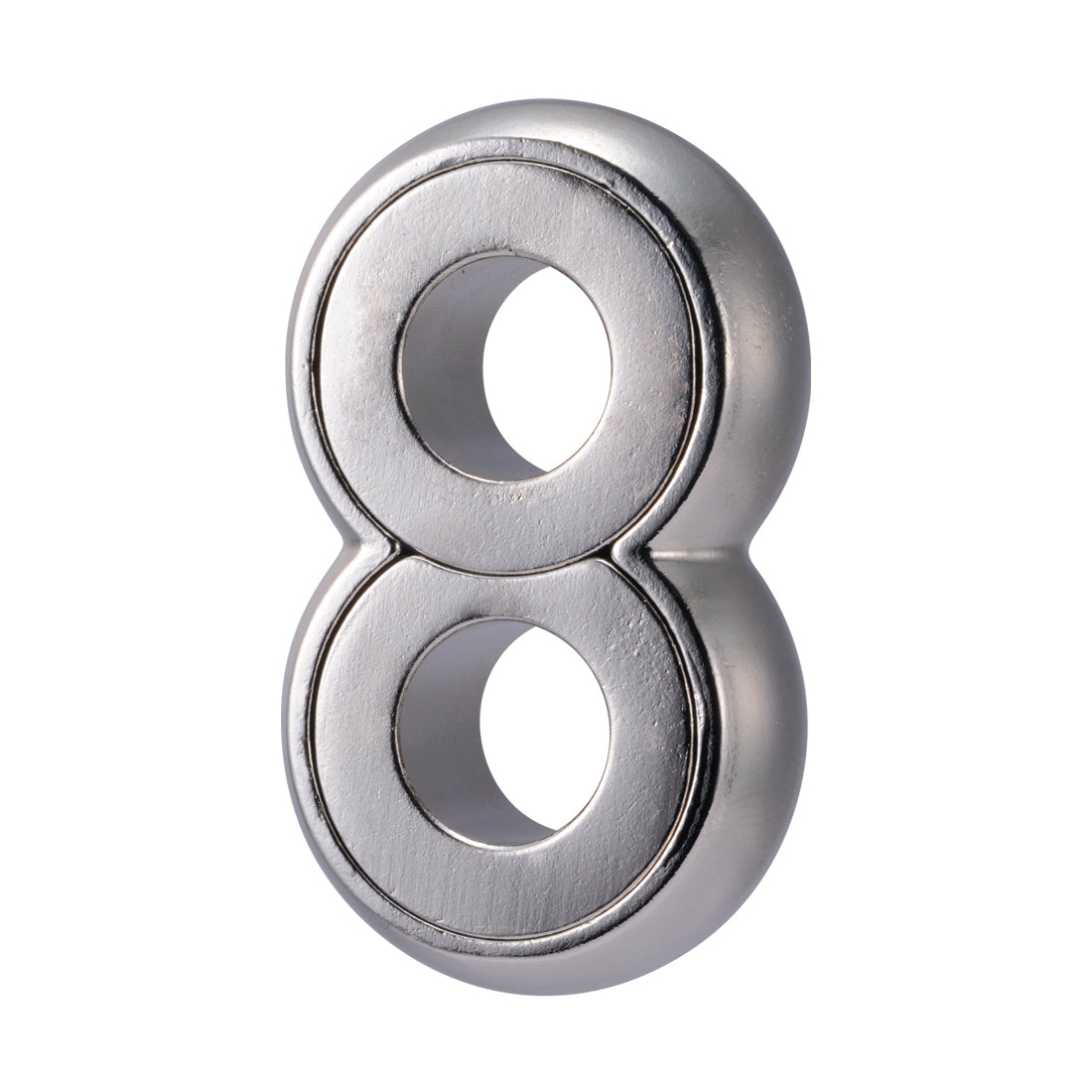 Silver metallic figure-eight puzzle with two interlocking loops on plain background
