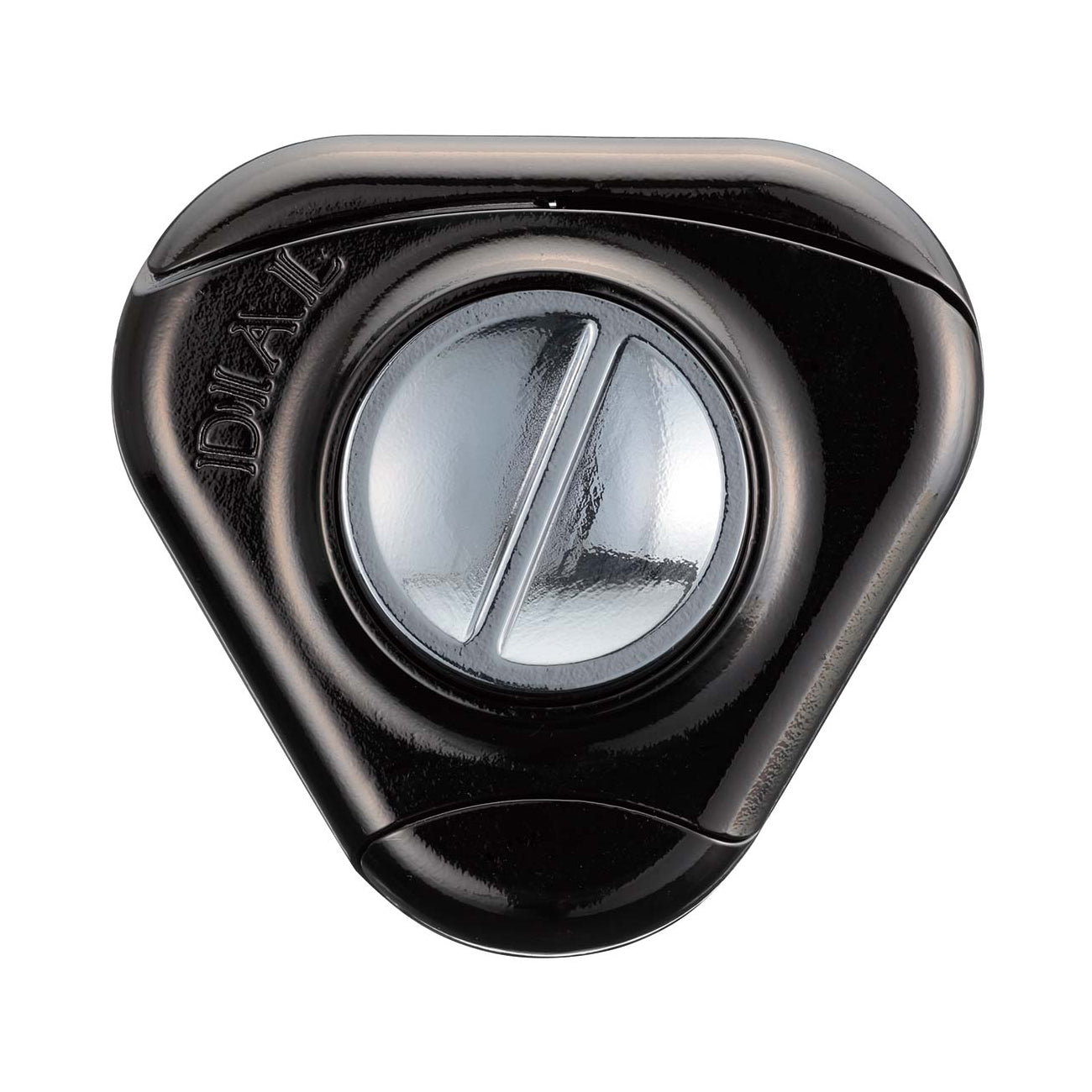 Black cast metal puzzle with rotating dial and clear center window, viewed from above