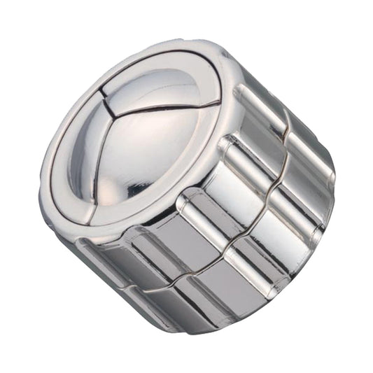 Hanayama Level 4 Cast Puzzle - Cylinder, silver metal interlocking puzzle on plain background