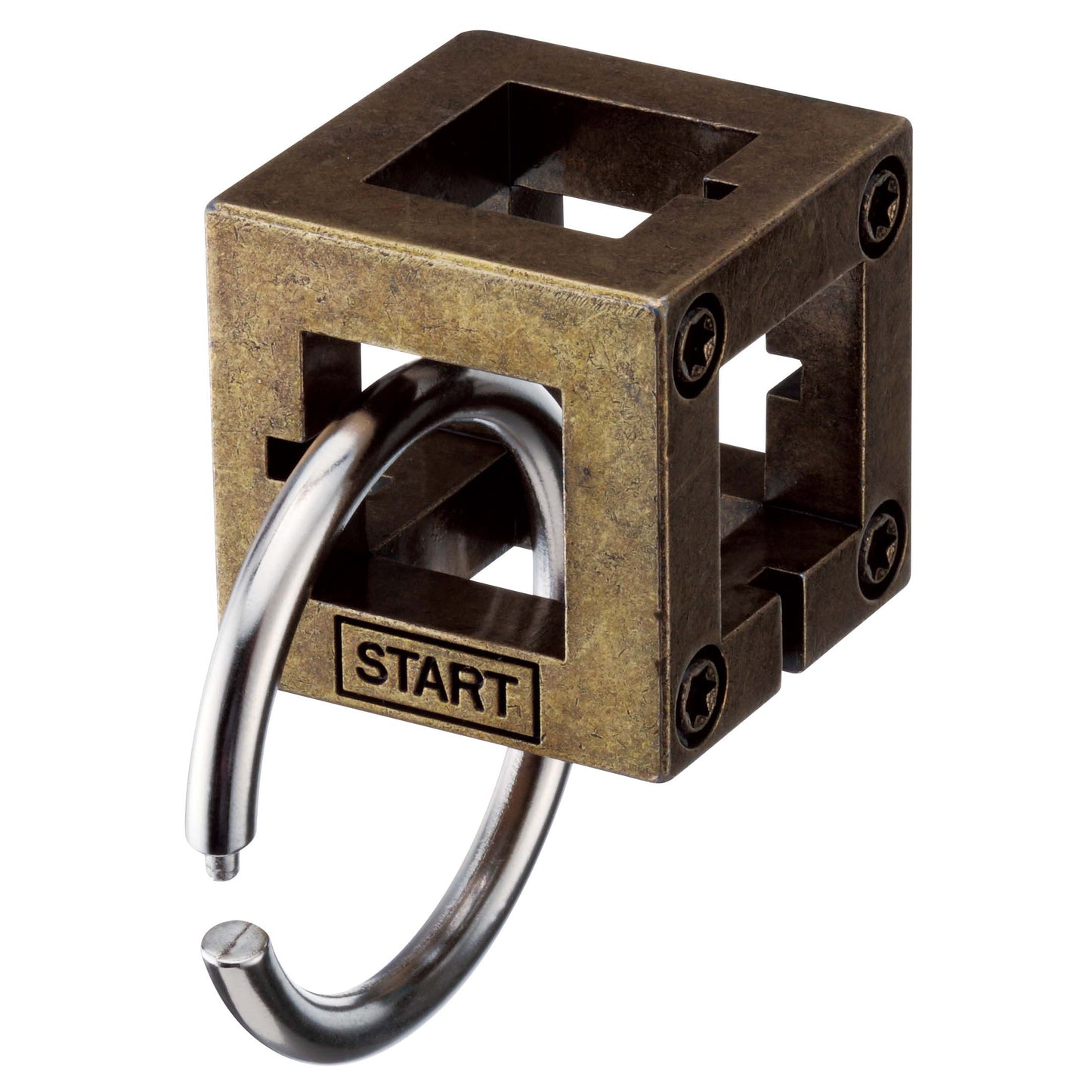 Brass metal puzzle cube with START label and silver hook lever attached