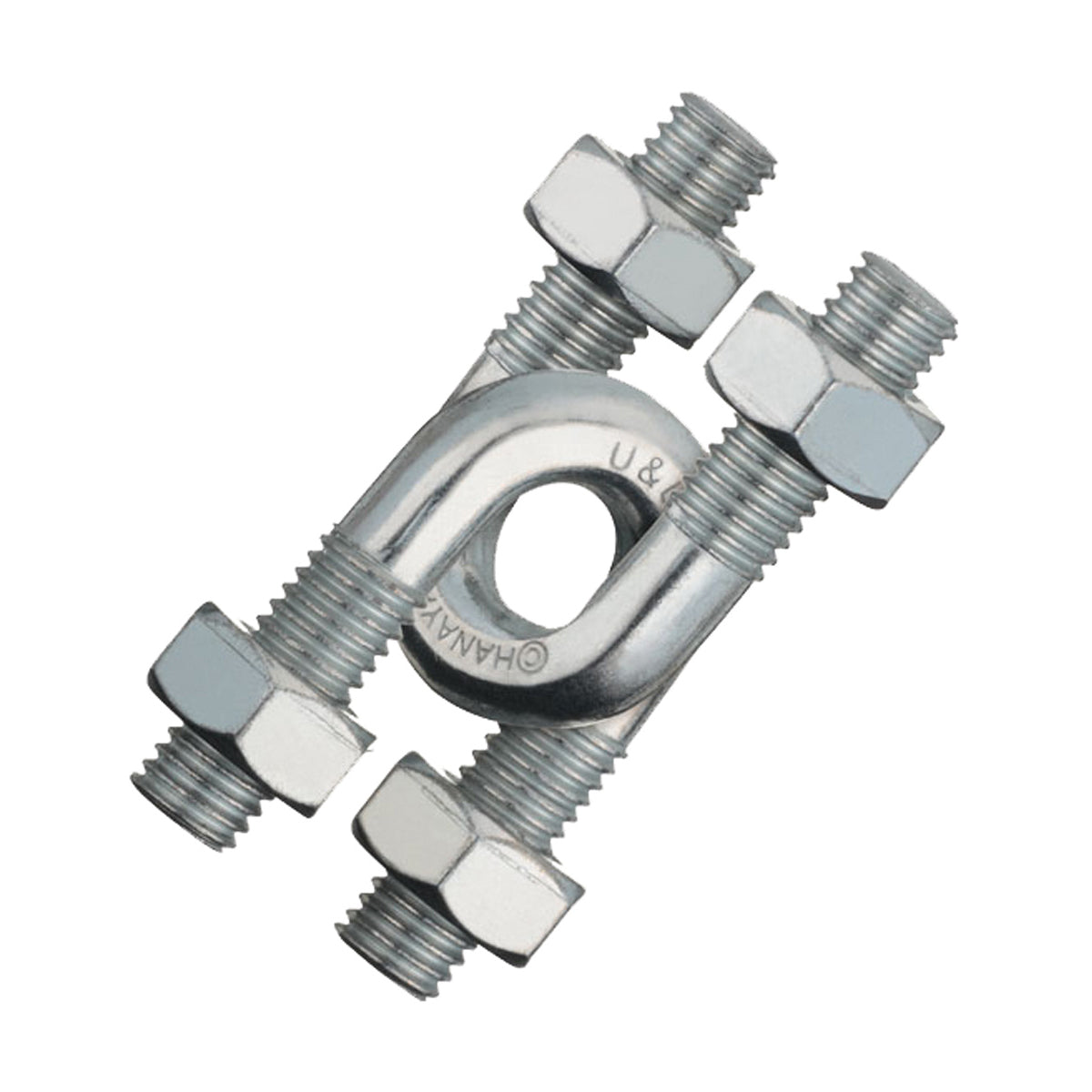Metal puzzle consisting of bolts and nuts arranged around a central U-shaped ring with hex nuts, on plain background