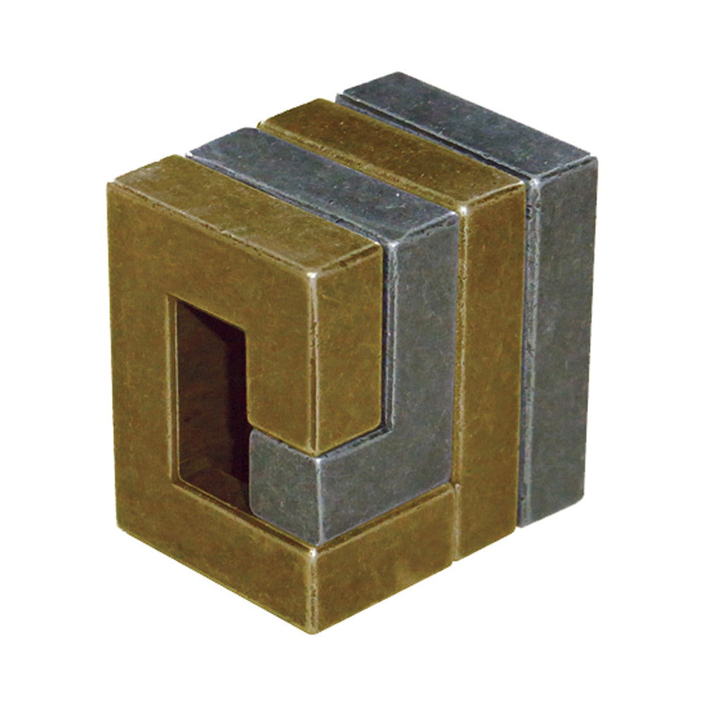 Hanayama Cast Puzzle Coil, a metal brain teaser with interlocking brass and steel pieces forming a three-dimensional geometric design