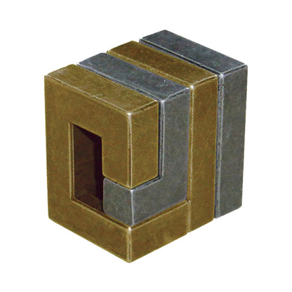 Hanayama Cast Puzzle Coil, a metal brain teaser with interlocking brass and steel pieces forming a three-dimensional geometric design