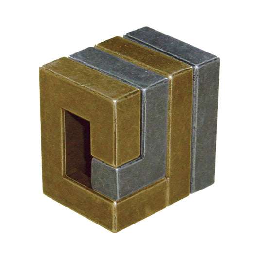 Hanayama Cast Puzzle Coil, a metal brain teaser with interlocking brass and steel pieces forming a three-dimensional geometric design