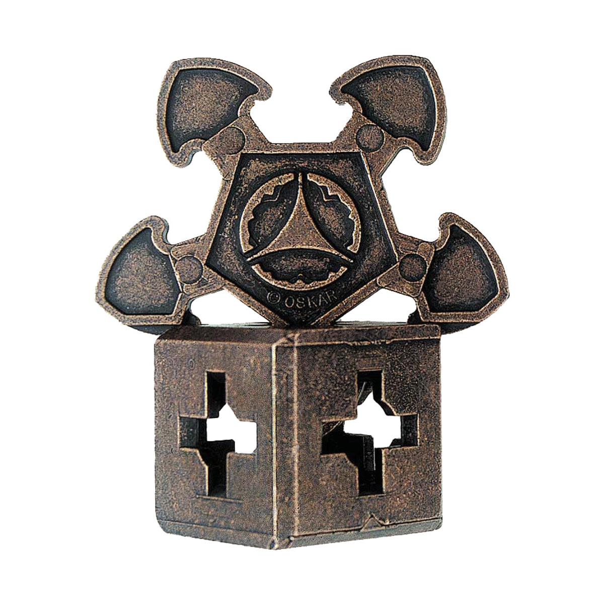 Hanayama Level 3 Cast Puzzle O'Gear, bronze-colored metal interlocking puzzle with gear and cross-shaped components