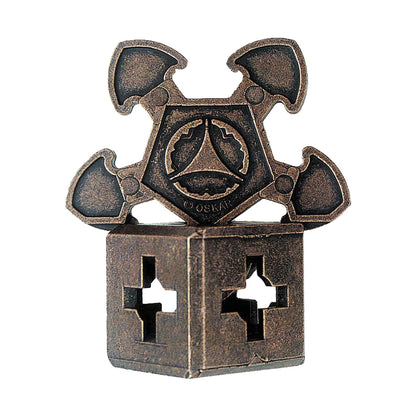 Hanayama Level 3 Cast Puzzle O'Gear, bronze-colored metal interlocking puzzle with gear and cross-shaped components