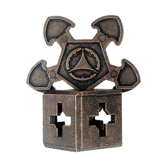 Hanayama Level 3 Cast Puzzle O'Gear, bronze-colored metal interlocking puzzle with gear and cross-shaped components