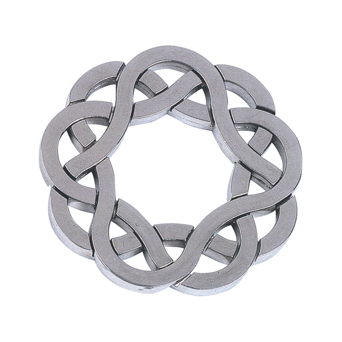 Gray metal interlocking puzzle rings arranged in a circular chain pattern