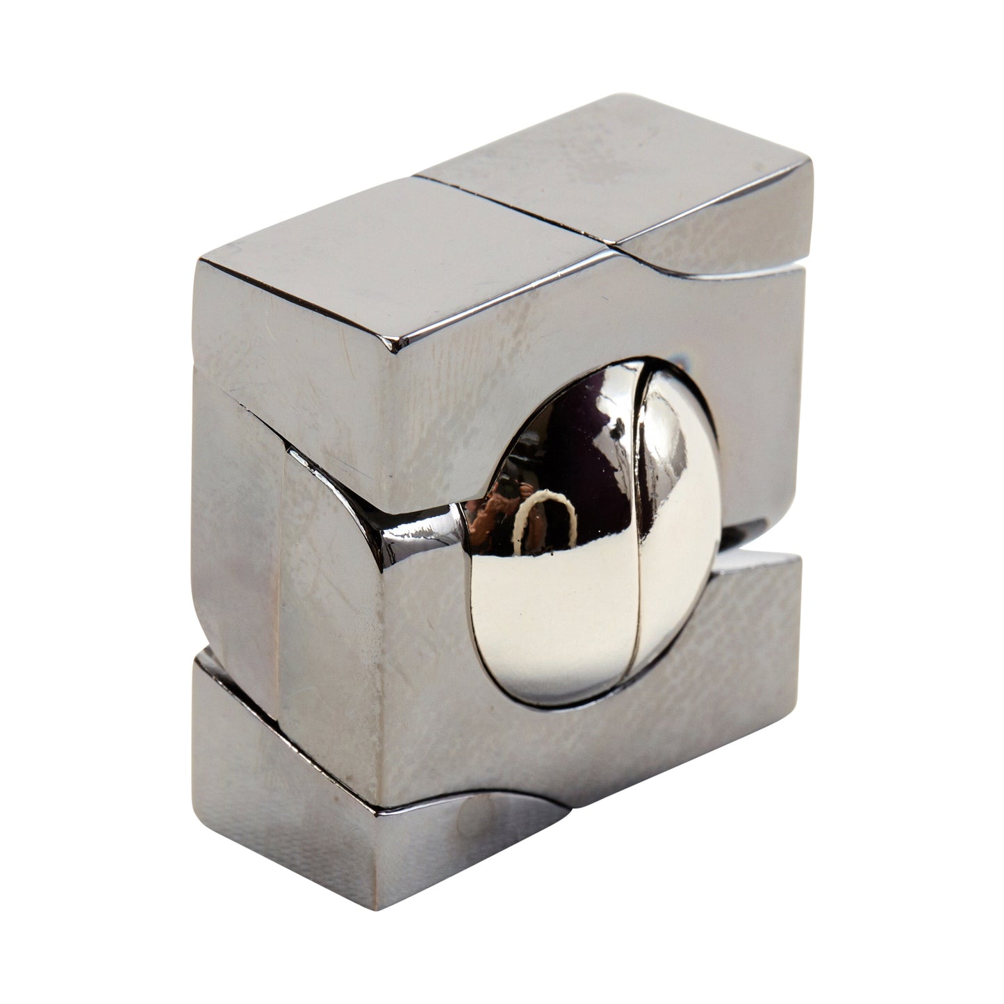 Hanayama Level 4 Cast Puzzle - Marble Challenge, silver metal cube puzzle with spherical marble visible through opening