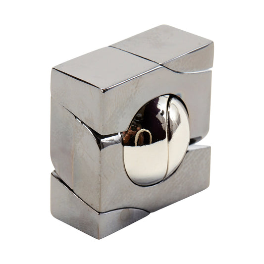 Hanayama Level 4 Cast Puzzle - Marble Challenge, silver metal cube puzzle with spherical marble visible through opening