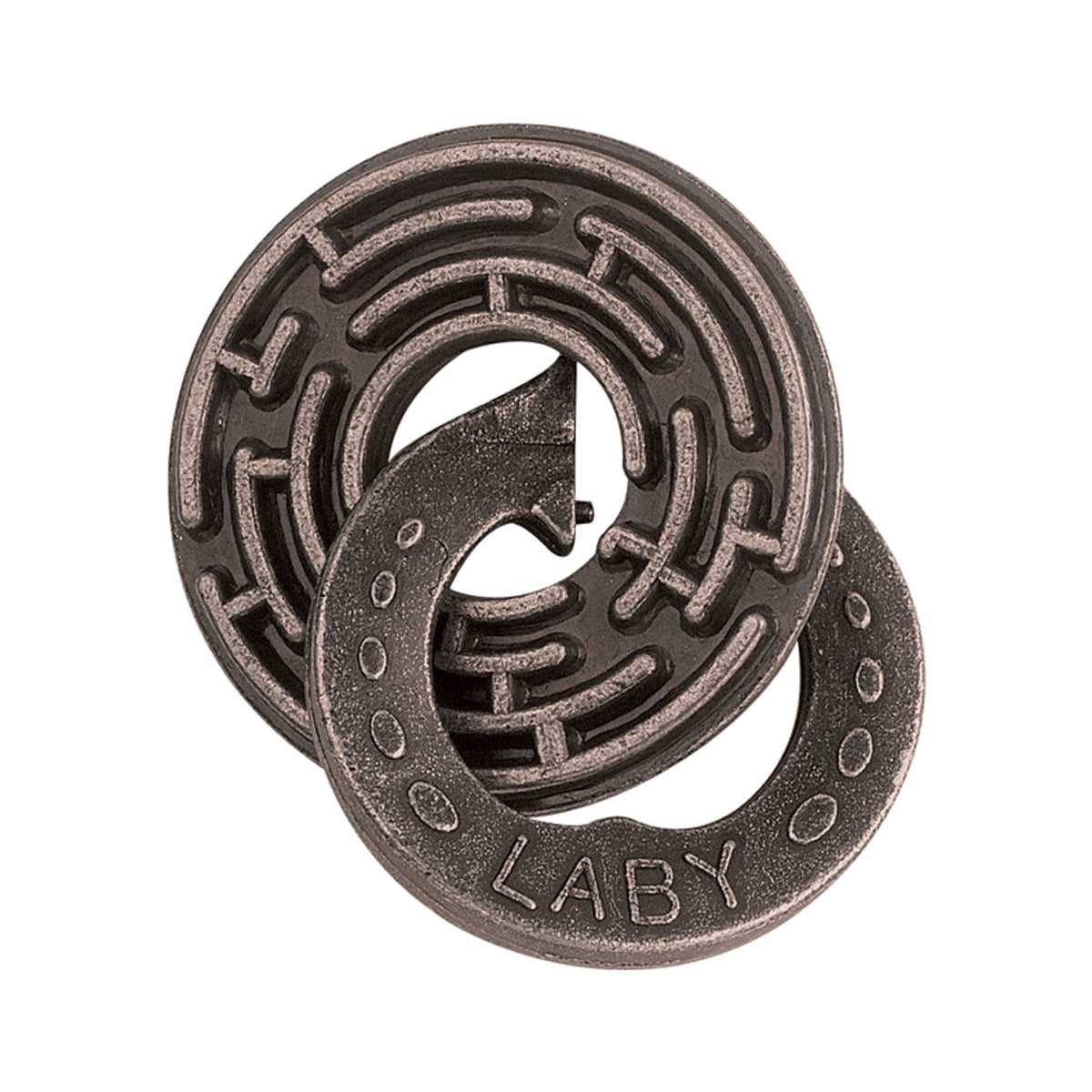 Hanayama Level 5 Cast Metal Puzzle - Labyrinth Challenge, interlocking circular metal pieces with maze-like grooves and ball bearings, on plain white background