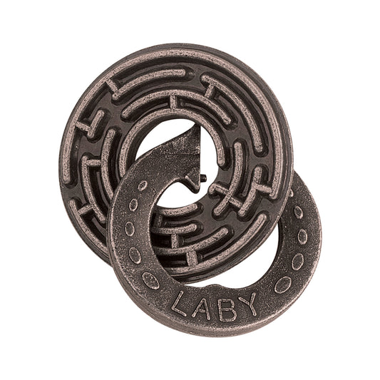 Hanayama Level 5 Cast Metal Puzzle - Labyrinth Challenge, interlocking circular metal pieces with maze-like grooves and ball bearings, on plain white background