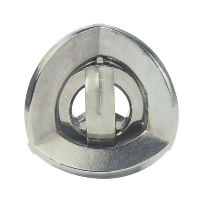 Hanayama Level 5 Cast Puzzle - Equa, a silver metal interlocking puzzle with geometric shaped pieces