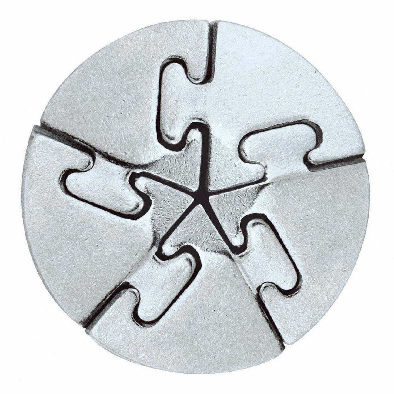 Hanayama Level 5 Cast Puzzle - Spiral, a gray metal puzzle with interlocking spiral-shaped pieces arranged in a circular disc