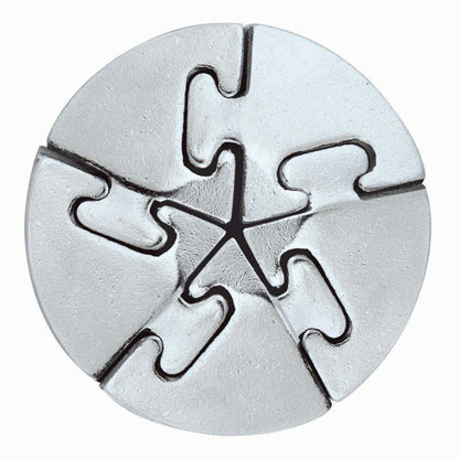 Hanayama Level 5 Cast Puzzle - Spiral, a gray metal puzzle with interlocking spiral-shaped pieces arranged in a circular disc