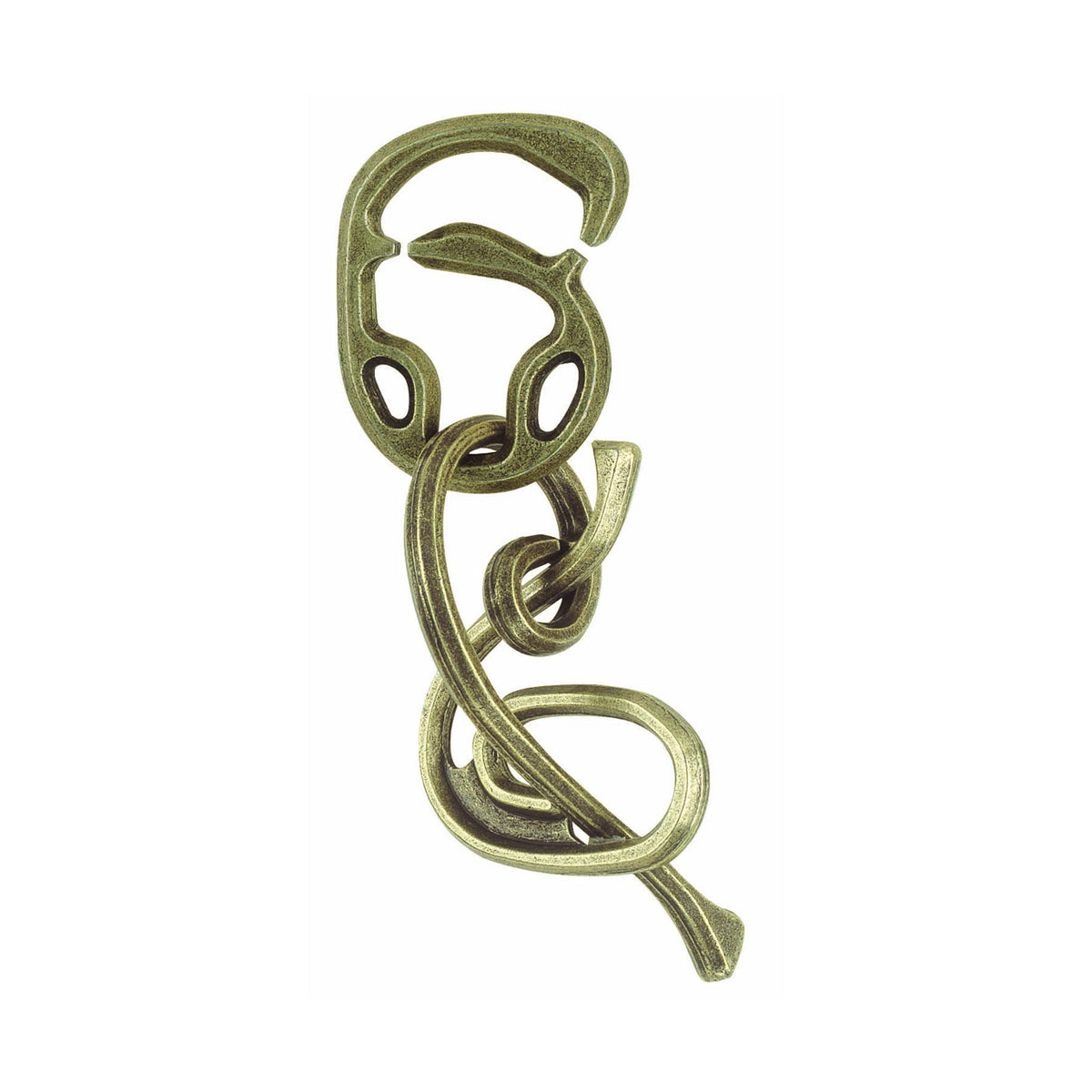 Hanayama Level 6 Cast Puzzle Enigma, bronze-colored interlocking metal rings on plain background