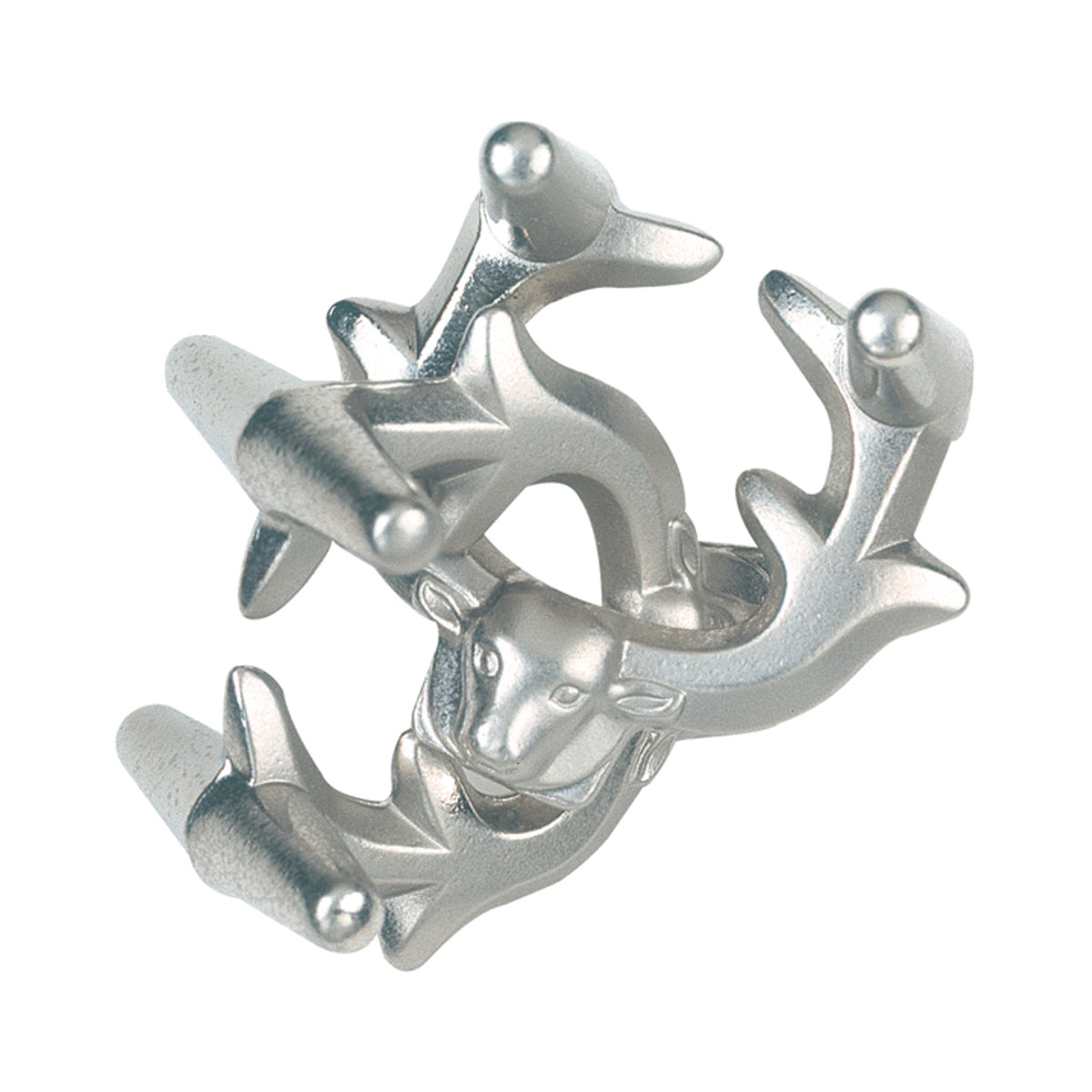 Silver metal puzzle featuring interlocking elk and animal figures with sphere joints, Hanayama Level 6 Cast Puzzle