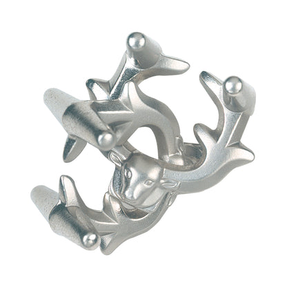 Silver metal puzzle featuring interlocking elk and animal figures with sphere joints, Hanayama Level 6 Cast Puzzle