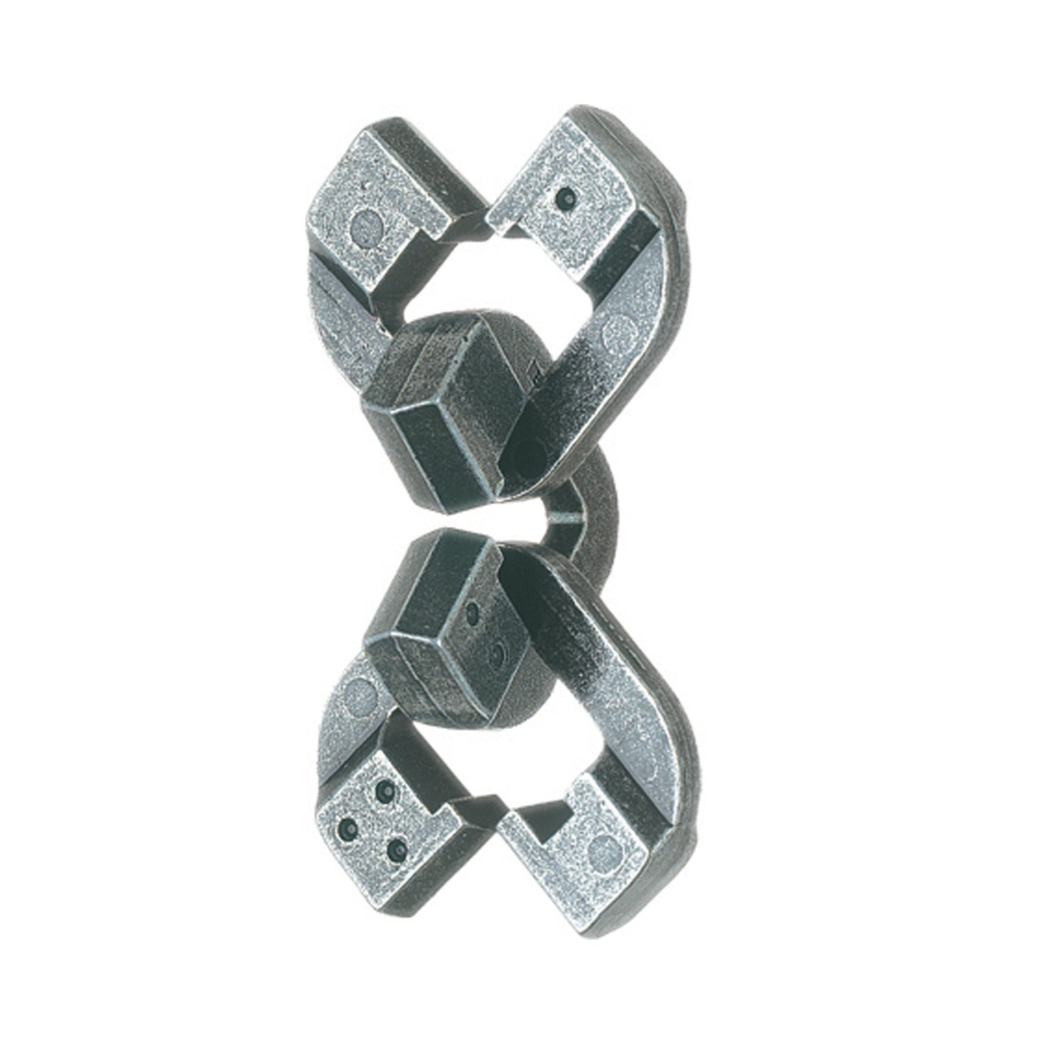 Hanayama Level 6 Cast Puzzle - Chain Challenge, interlocking metal puzzle pieces forming a chain-like structure on plain background