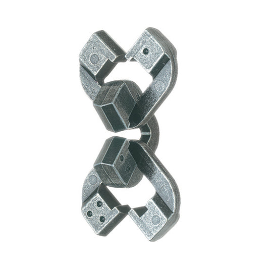 Hanayama Level 6 Cast Puzzle - Chain Challenge, interlocking metal puzzle pieces forming a chain-like structure on plain background