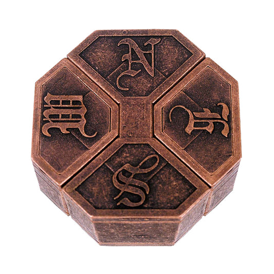 Copper-finished octagonal cast metal puzzle with embossed symbols and characters on each panel