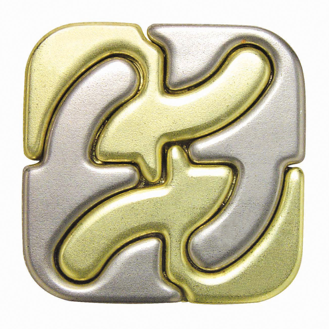 Hanayama Level 6 Cast Puzzle Square, interlocking gold and silver metal pieces forming a brain teaser puzzle