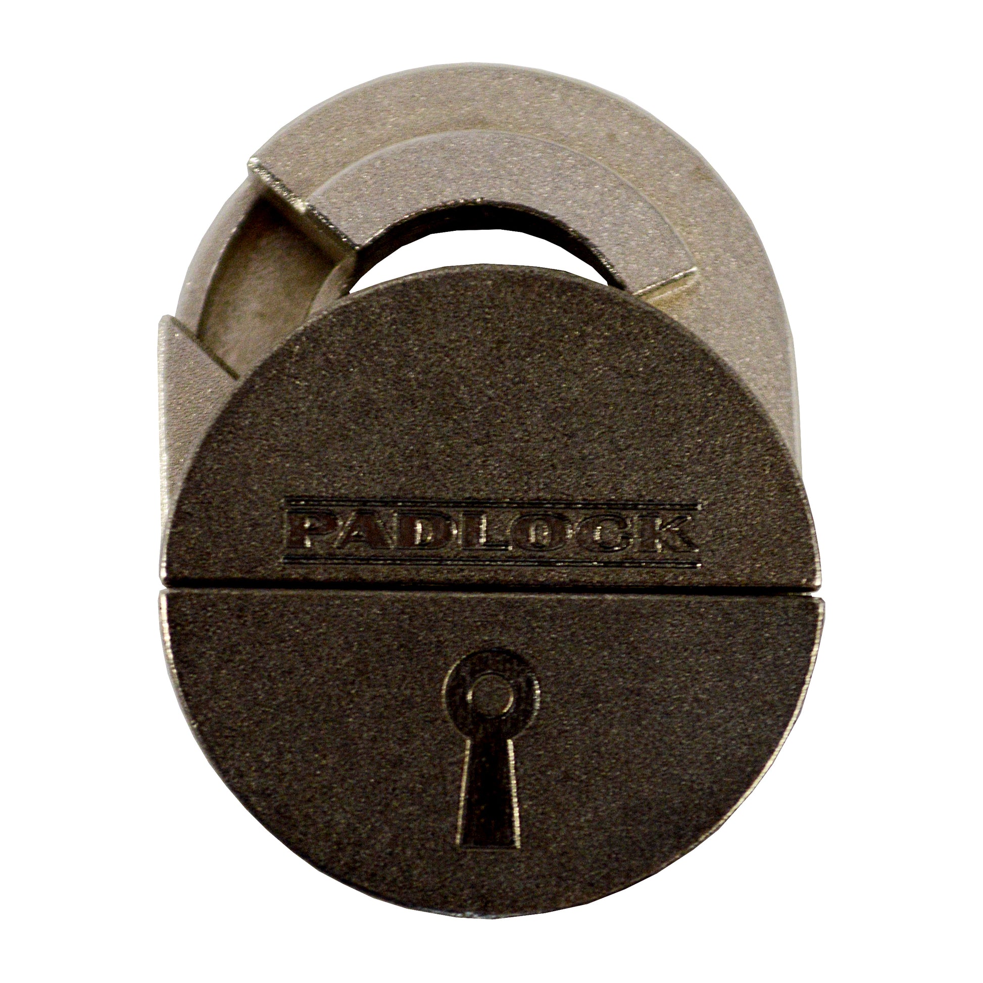 Hanayama Level 5 Cast Puzzle - Enigmatic Padlock Challenge, metal puzzle lock with arched handle and keyhole on plain background