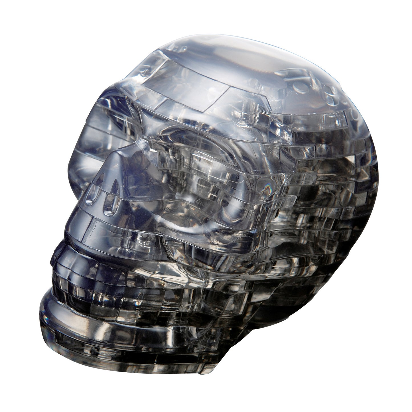 Black and clear translucent 3D crystal skull puzzle with 48 interlocking pieces stacked to form a skull shape