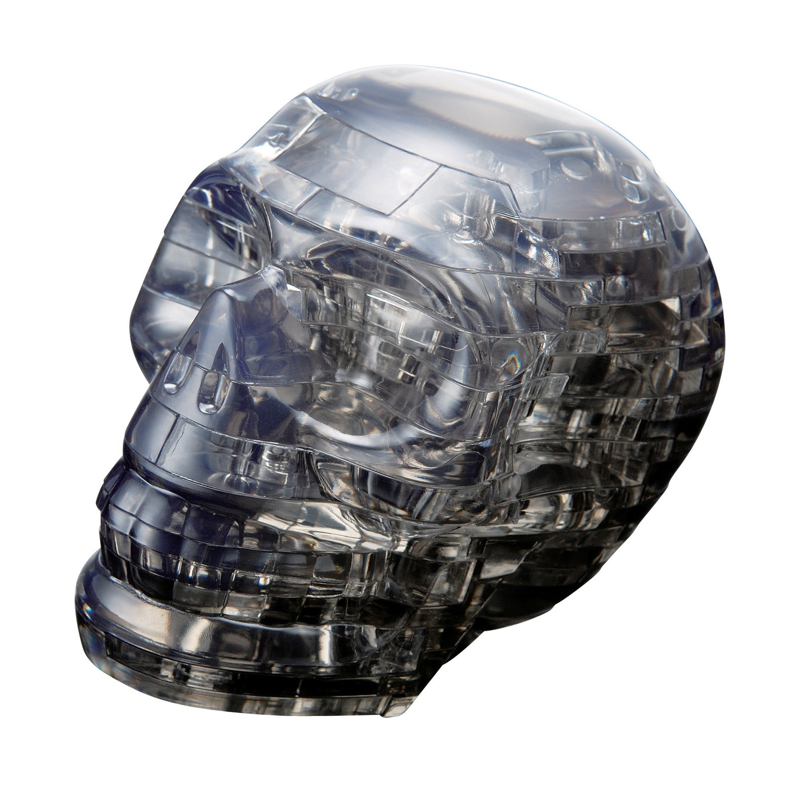 Black and clear translucent 3D crystal skull puzzle with 48 interlocking pieces stacked to form a skull shape