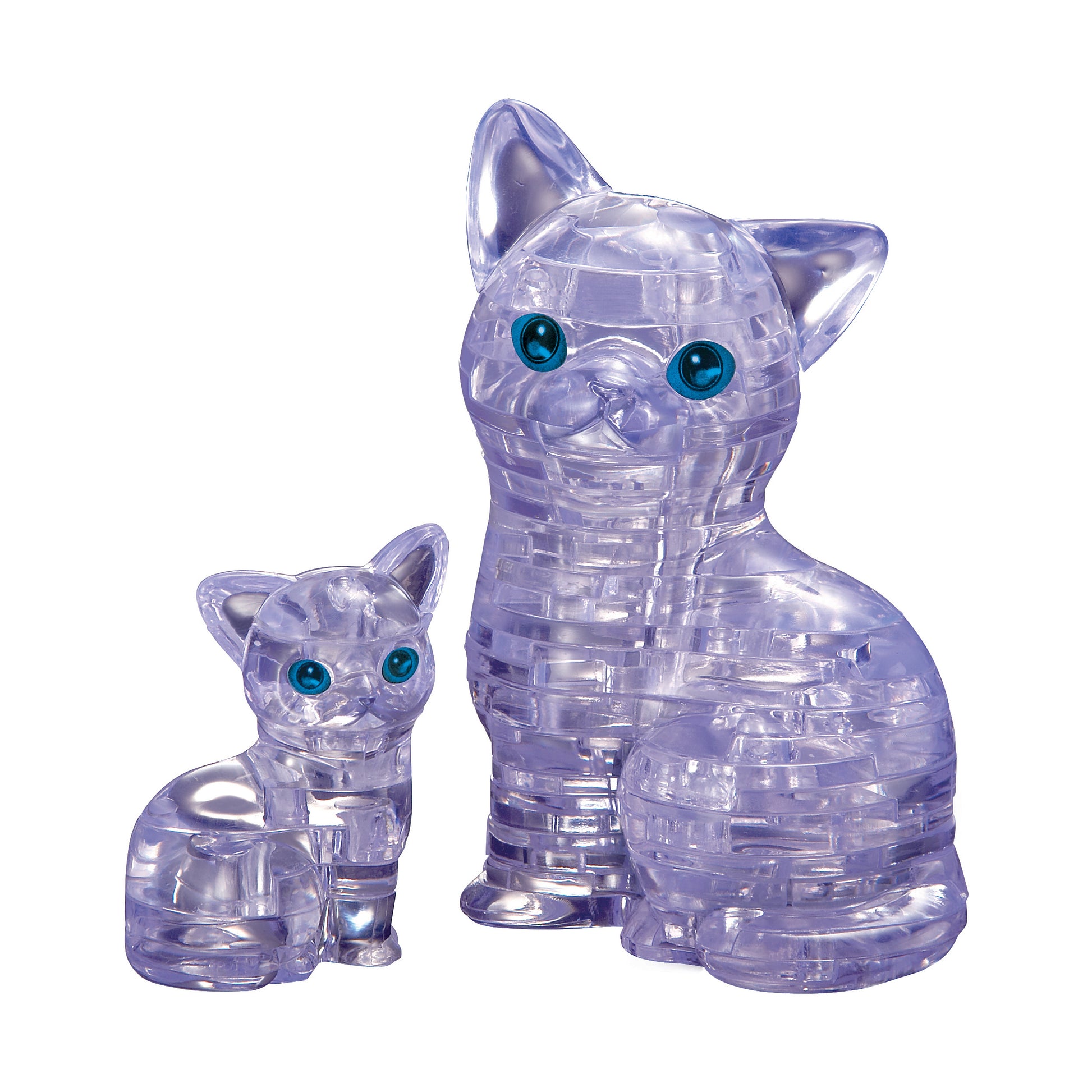 Purple translucent 3D crystal cat and kitten puzzle pieces, featuring blue eyes and seated poses on plain background