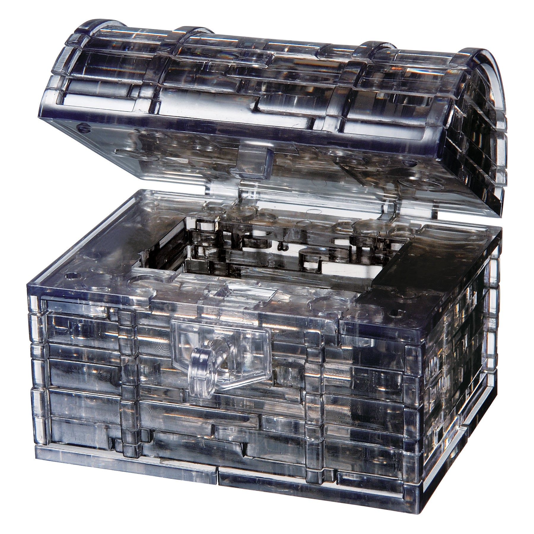 Black transparent 3D crystal puzzle of a treasure chest with hinged lid, shown assembled and open to reveal interior compartments